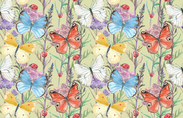 Fototapeta na wymiar retro seamless texture with meadow flowers and butterflies. watercolor painting