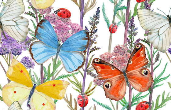 colorful seamless texture with meadow flowers and butterflies. watercolor painting