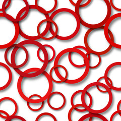 Abstract seamless pattern of randomly arranged red rings with soft shadows on white background