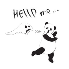 Panda bear runs away from ghosts. Typographic slogan to Help me. Vector illustration of a postcard in comic style