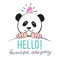 Vector illustration of meme Panda unicorn in comic style. Cool sticker for patch, poster, diary, notebook, smartphone or textile. Original funny drawings for prints