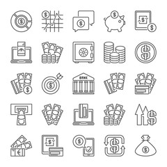 Money outline icons collection. Vector set of cash, banknotes, cards and bank concept symbols in thin line style