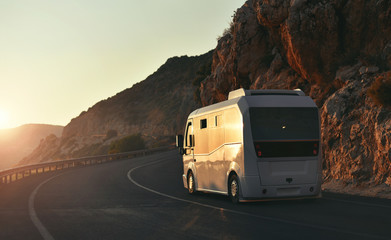 tourists journey on modern bus on background beautiful landscape with sunset 
