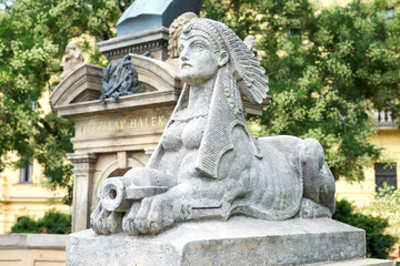 Fototapeta na wymiar Sphinx statue along the Vltava river in Prague, Czech Republic