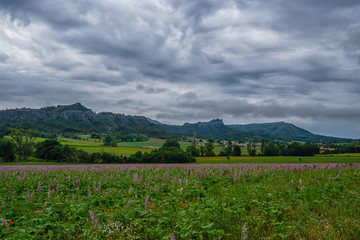 Fototapeta na wymiar Colorful view of mountain scenery in countryside of France with fresh green meadows on a beautiful day after a summer thunderstorm with a cloudy sky. Eco tourism.