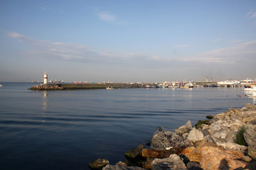 Bay in Istanbul. View of the lighthouse in the sea of Marmara. Tourism business concept.