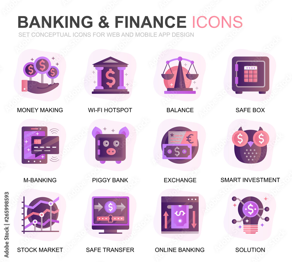 Fototapete Modern Set Banking and Finance Gradient Flat Icons for Website and Mobile Apps. Contains such Icons as Balance, E-Banking, Auction, Financial Growth. Conceptual color flat icon. Vector pictogram pack.
