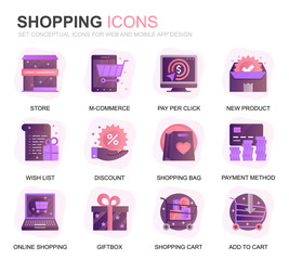 Modern Set Shopping and E-Commerce Gradient Flat Icons for Website and Mobile Apps. Contains such Icons as Delivery, Payment Method, Store, Commerce. Conceptual color flat icon. Vector pictogram pack.