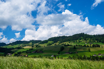 Fototapeta na wymiar Colorful summer morning on the unique Biosphere reserve in the Entlebuch. Splendid outdoor scene in the Swiss Alps with mountain. Switzerland, Europe.