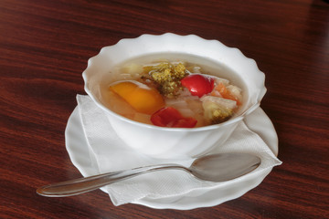 Vegetable soup. Ceramic bowl with soup for baby. Vegan food. Natural food supply only.