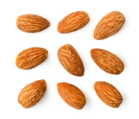 Set of nuts of almonds on a white background. The form of the top.