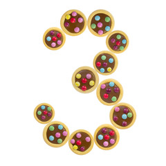 Obraz premium font of number 3 colorful cookies glaze, white background isolated