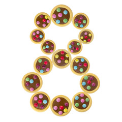 font of number 8 colorful cookies glaze, white background isolated