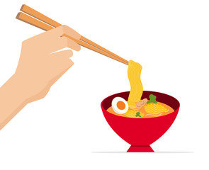 Hand hold chopsticks with delicious noodle in red bowl.Vector illustration.Tasty noodle wit soup.Asia traditional meal.Ramen with bowl