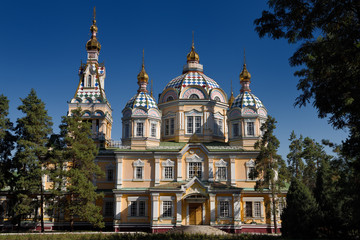 Fototapeta na wymiar Side view of Ascension Cathedral Russian Orthodox wood church in Almaty Kazakhstan