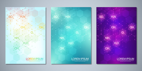 Fototapeta na wymiar Template brochure or cover with abstract chemistry background of chemical formulas and molecular structures. Science and innovation technology concept.