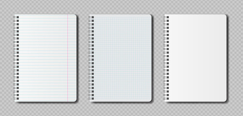 Realistic blank pages notebook template with spiral. Vector mockup notebooks with lines for writing or sketching. - 266000545