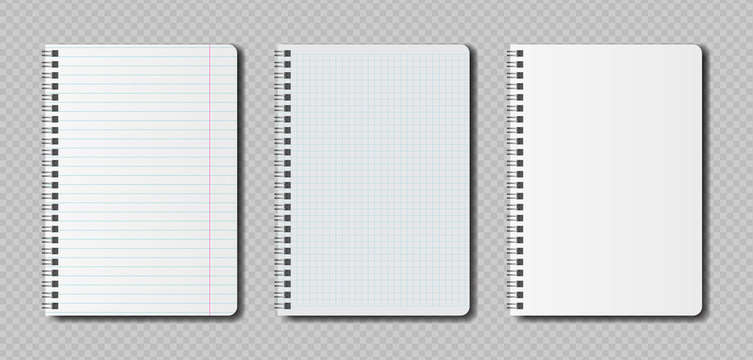 Realistic blank pages notebook template with spiral. Vector mockup notebooks with lines for writing or sketching.