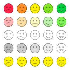 Feedback and rating satisfaction. Customer service quality review. Collection of smiles, various emotions. Beautiful flat icons.