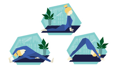 Set of illustrations of girl in different yoga poses. Downward Facing Dog and Cobra Pose. Healthy life style