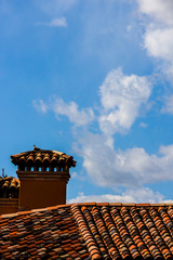 Naklejka premium Roof with chimneys under a blue sky
