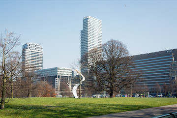 Skyline view of the Malie field, central station and several Dutch ministries in the center of The Hage, The Netherlands.