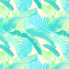 Fototapeta na wymiar Seamless design pattern with tropical leaves, can be used as wallpaper