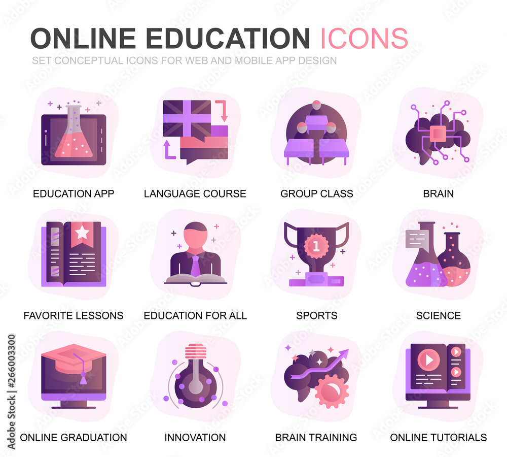 Poster Modern Set Education and Knowledge Gradient Flat Icons for Website and Mobile Apps. Contains such Icons as Studying, School, Graduation, E-Book. Conceptual color flat icon. Vector pictogram pack.