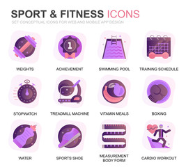 Modern Set Sport and Fitness Gradient Flat Icons for Website and Mobile Apps. Contains such Icons as Fit Body, Swimming, Fitness App, Supplements. Conceptual color flat icon. Vector pictogram pack.