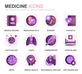 Modern Set Healthcare and Medicine Gradient Flat Icons for Website and Mobile Apps. Contains such Icons as Doctor, Hospital, Medical Equipment. Conceptual color flat icon. Vector pictogram pack.