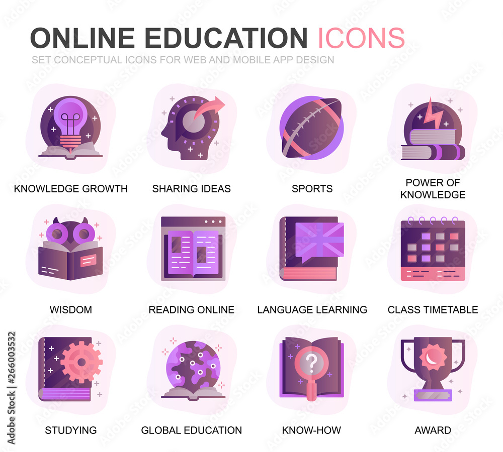 Poster Modern Set Education and Knowledge Gradient Flat Icons for Website and Mobile Apps. Contains such Icons as Online Course, University, Studying, Book. Conceptual color flat icon. Vector pictogram pack.
