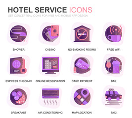 Modern Set Hotel Services Gradient Flat Icons for Website and Mobile Apps. Contains such Icons as Luggage, Reception, Room Services, Fitness Center. Conceptual color flat icon. Vector pictogram pack.