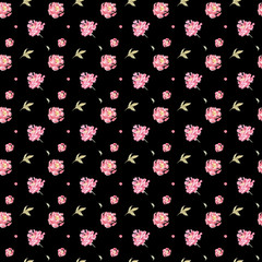  seamless hand drawn beautiful watercolor floral pattern with peonies on black background
