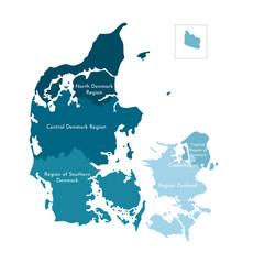 Vector isolated illustration of simplified administrative map of Denmark. Borders and names of the regions.