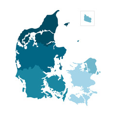 Vector isolated illustration of simplified administrative map of Denmark. Colorful blue silhouettes