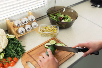 A young man prepares a very healthy salad of fresh organic vegetables and herbs. He leads a healthy...