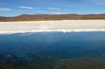 Fototapeta na wymiar Salt pools at Salinas Grandes, a large salt flat in central-northern Argentina at an average altitude of 3300 metres