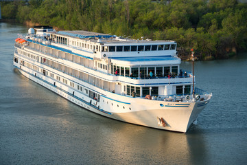 Cruise liner with tourists passes through the Volga-Don Shipping Canal named after Lenin....