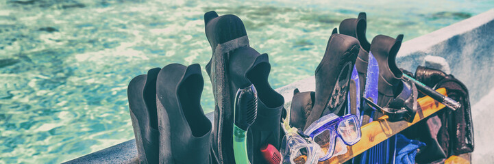 Snorkel fins and mask sets on cruise excursion activity snorkeling from boat in Tropical summer...
