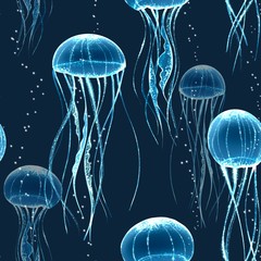 Glowing jellyfish. Seamless pattern on black background