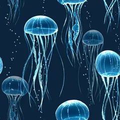 Wallpaper murals Sea animals Glowing jellyfish. Seamless pattern on black background