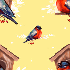 Seamless pattern of red berries and bullfinches. Suitable for fabric.