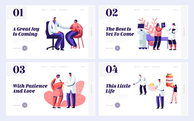 Pregnant Woman at Doctor Appointment in Clinic Website Landing Page Templates Set. Male Doctor Character Doing Medical Check Up. Healthy Pregnancy Web Page. Cartoon Flat Vector Illustration, Banner