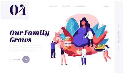 Pregnancy Website Landing Page. Pregnant Woman with Big Belly Sitting in Lotus Pose with People Giving her Vitamines, Baby Toys, Healthy Nutrition. Web Page. Cartoon Flat Vector Illustration, Banner