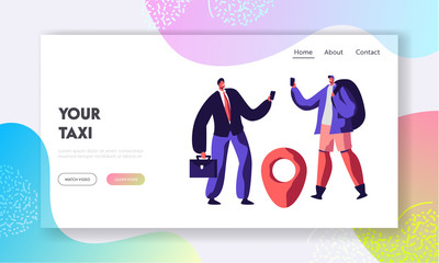 Couple of Men Calling for Ordering Taxi. Male Customer Characters Using Application to Order Car with Driver. Taxi Service Website Landing Page, Web Page. Cartoon Flat Vector Illustration, Banner © Pavlo Syvak