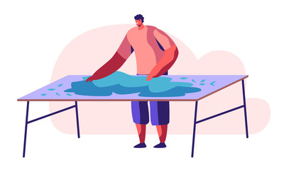 Tea Picker Male Character in Traditional Indian Dress Sorting Fresh Green Leaves of Tea for Sale on Table Surface at Plantation