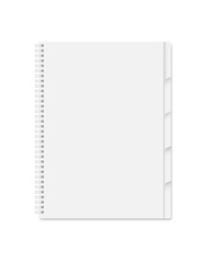 Vector realistic closed spiral notebook isolated. Vertical blank copybook, organizer or diary with tab divider pages on white background. Simple mock up for your design.