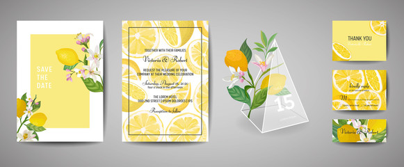 Set of Botanical wedding invitation card, vintage Save the Date, template design of lemons fruit flowers and leaves, blossom illustration. Vector trendy cover, graphic poster, brochure
