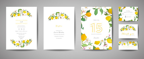 Obraz premium Set of Botanical wedding invitation card, vintage Save the Date, template design of lemons fruit flowers and leaves, blossom illustration. Vector trendy cover, graphic poster, brochure
