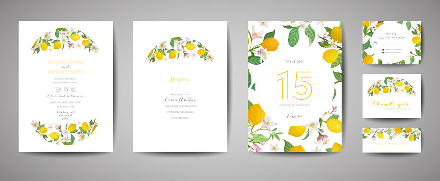 Set of Botanical wedding invitation card, vintage Save the Date, template design of lemons fruit flowers and leaves, blossom illustration. Vector trendy cover, graphic poster, brochure